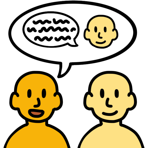 two yellow people next to each other. One is a lighter yellow, and the other is a darker yellow. Inside the darker yellow person’s speech bubble is a depiction of the lighter yellow person talking. They are both smiling.